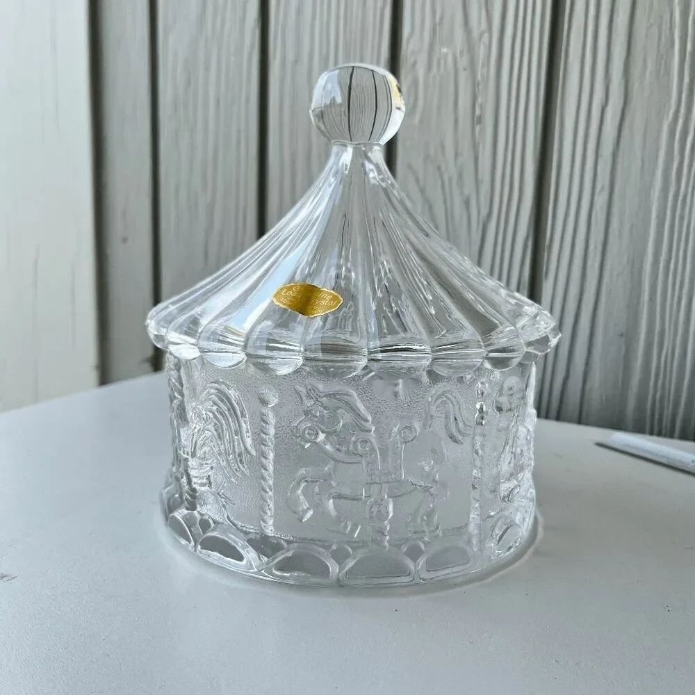German Lead Crystal Carousel Candy Jar with Lid – 7"x6" – 24% PbO, 52 oz